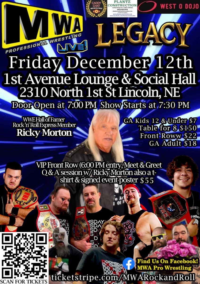 RealBrianBlade's tweet photo. This coming Friday night in Lincoln at the 1st Avenue Social Hall, don’t miss this huge night of Pro Wrestling action featuring WWE Hall of Fame member Ricky Morton and 4 Championship matches. Get your tickets now by scanning the QR code or going to the ticketstripe sight.  Tickets will also be available at the door & credit cards are accepted. #Nebraska #lincoln #Huskers #GBR #wrestling #prowrestling
