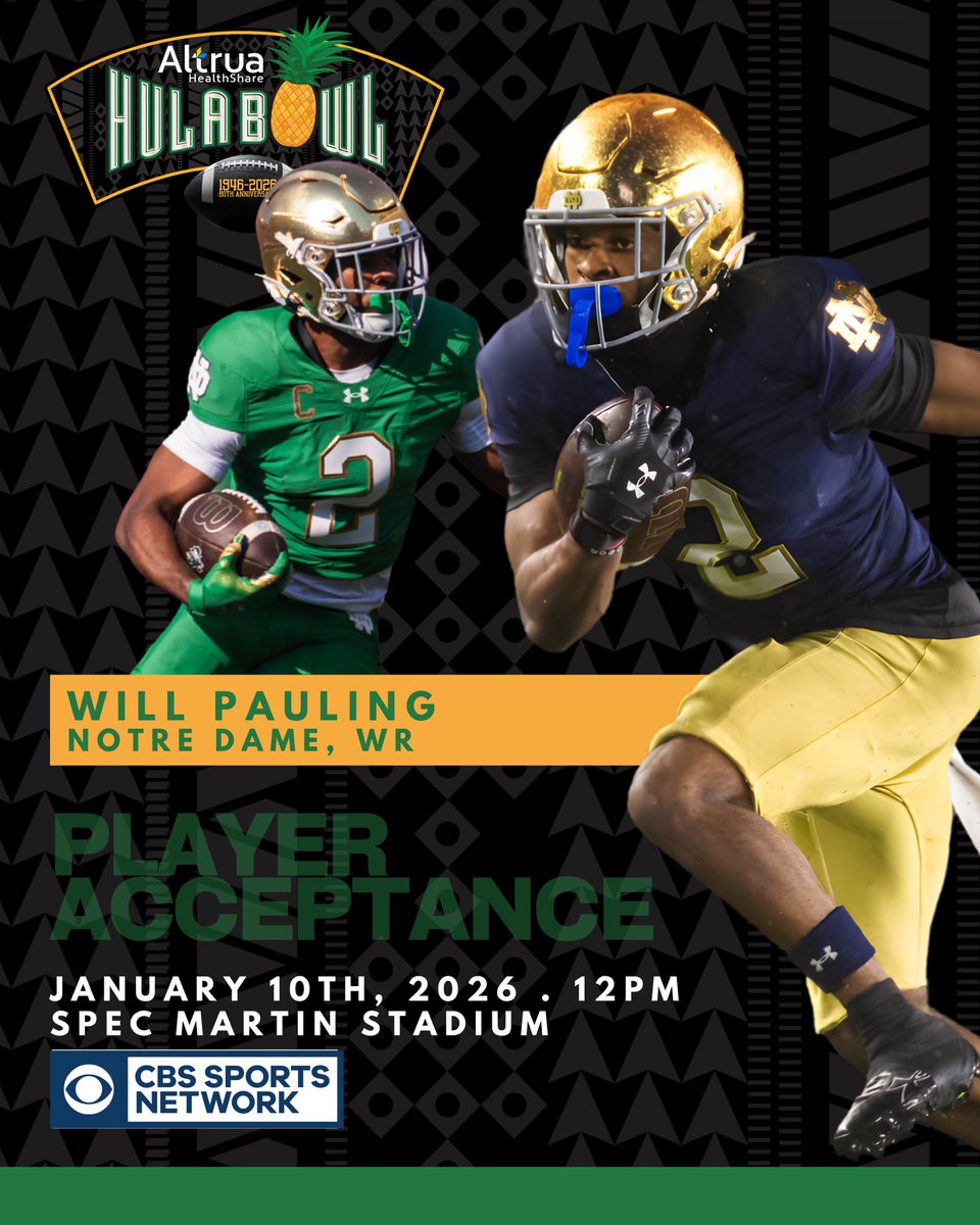 Next stop: Hula Bowl!!! <a href="/Will_Paul6/">Will Pauling⚡️</a> has officially accepted his invite to the 2026 Altrua HealthShare Hula Bowl All-Star Game!! <a href="/NDFootball/">Notre Dame Football</a>
