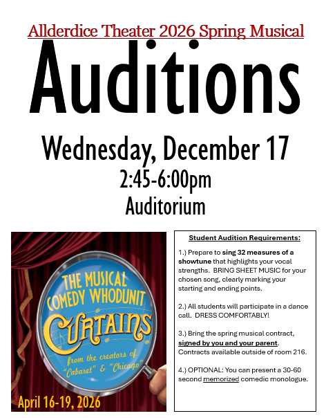 DiceTheater's tweet image. #springmusical AUDITIONS at #Allderdice