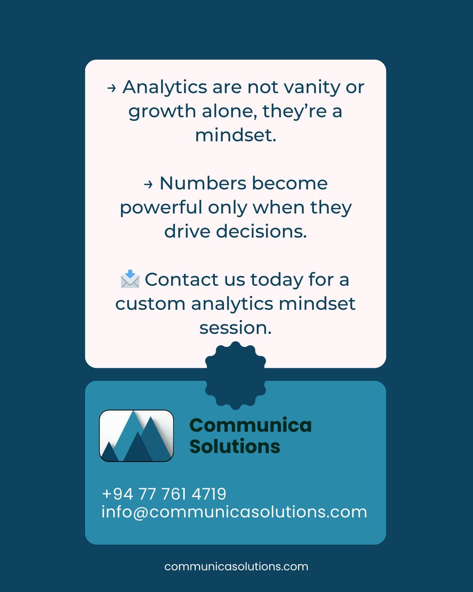 comsollk's tweet photo. 📩 Ready to rethink your analytics mindset? Contact us directly — let’s turn data into direction.

#AnalyticsMindset #MarketingStrategy #DigitalGrowth #CommunicaSolutions #DataDrive #BrandGrowth https://t.co/z5xh5Oc1oT