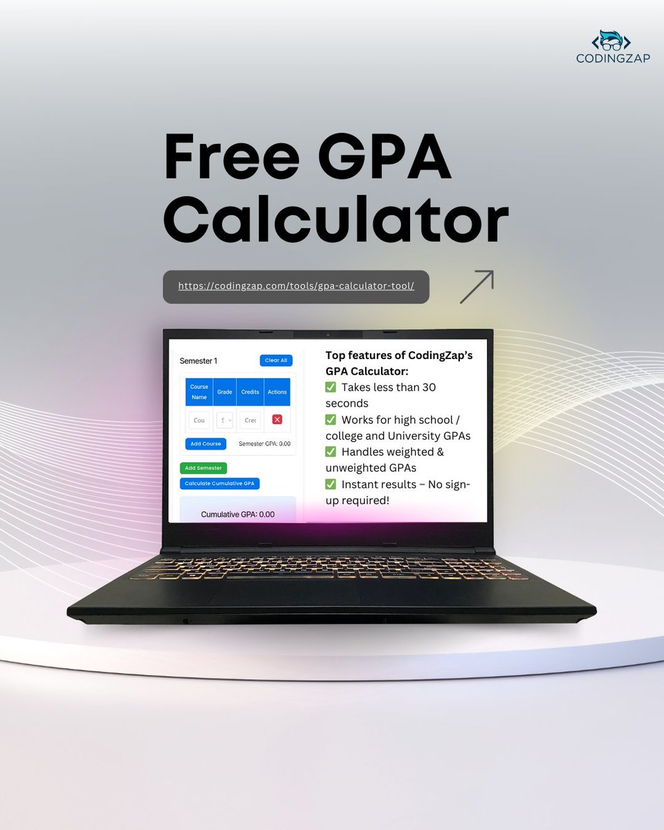 codingzaptech's tweet image. Get instant clarity on your grades with the *CodingZap GPA Calculator Tool*. Simple, fast, and student-friendly. 

codingzap.com/tools/gpa-calc…

[Homework Help, Coding Homework Help, Programming Assignment Help]

#GPACalculator #CodingZap #StudySmart #StudentTools