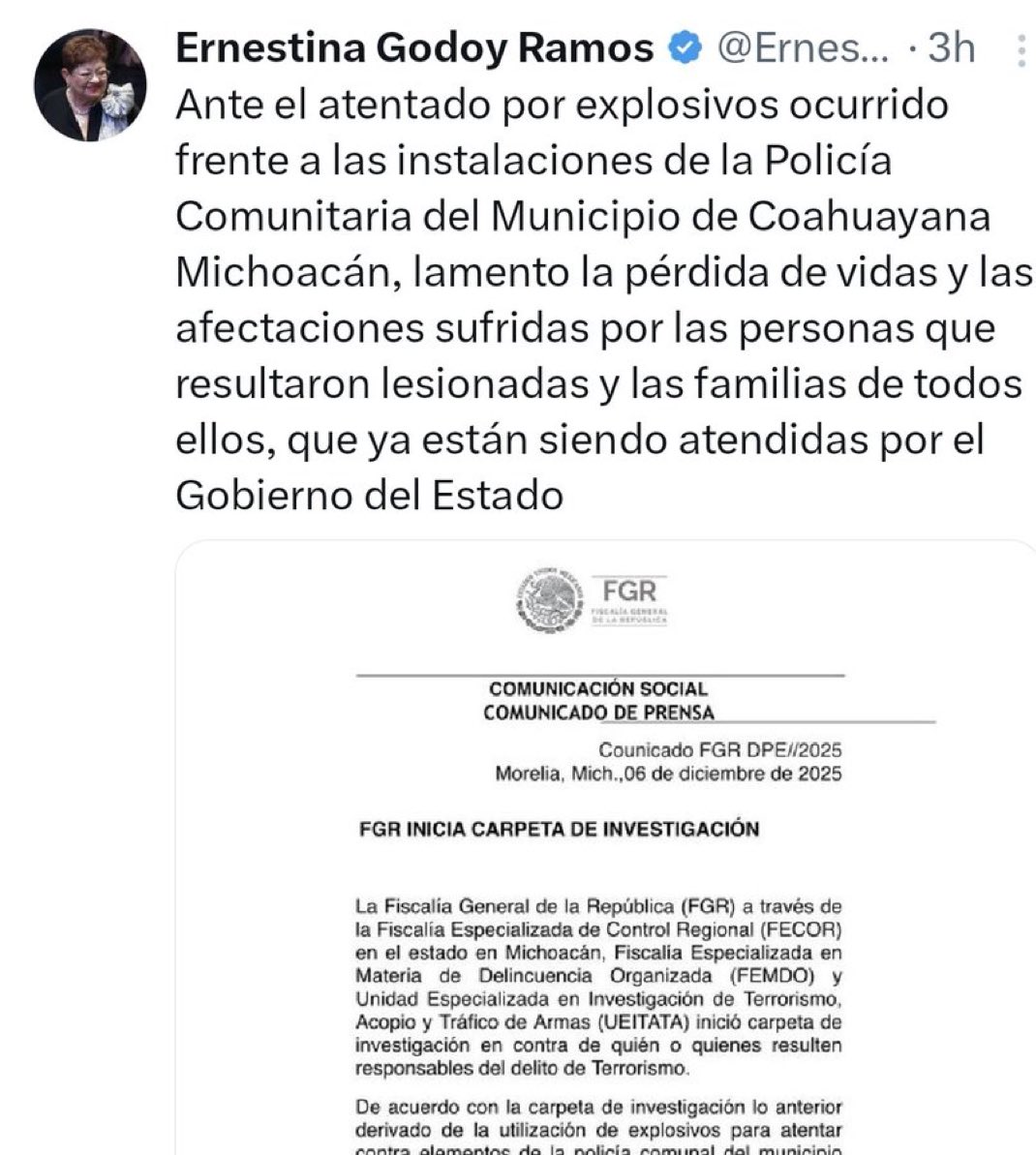 A la #FiscalEspía <a href="/ErnestinaGodoy_/">Ernestina Godoy Ramos</a> le da miedo llamar “coche bomba” al coche bomba que explotó en el municipio de Coahuayana, Michoacán.

También le da miedo decir narco terrorismo al narco terrorismo.