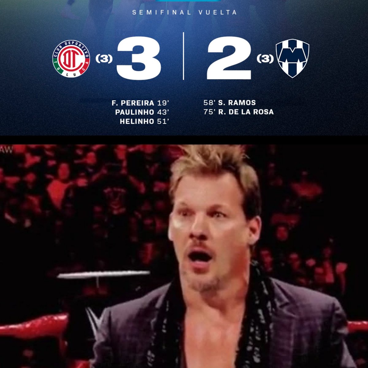 Partidazo en el #NemesioDiez

<a href="/TolucaFC/">Toluca FC</a> pasó a la final tras derrotar a <a href="/Rayados/">Rayados</a> en la vuelta y con un empate global en un encuentro emocionante que nos dejó igual que Chris Jericho 

#LigaMX
#LiguillaBotanera 
#Liguilla