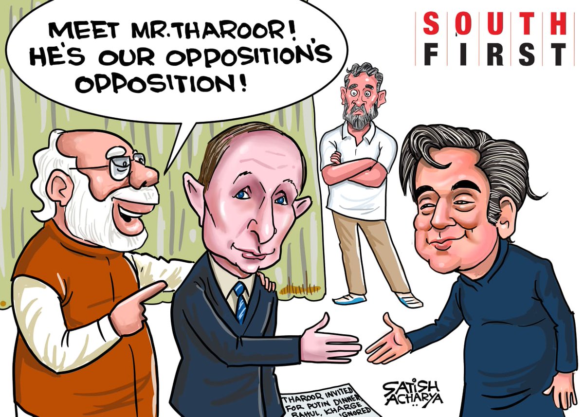 Shashi Tharoor invited for Putin dinner, Rahul Kharge ignored. #ShashiTharoor 
<a href="/TheSouthfirst/">South First</a> cartoon.