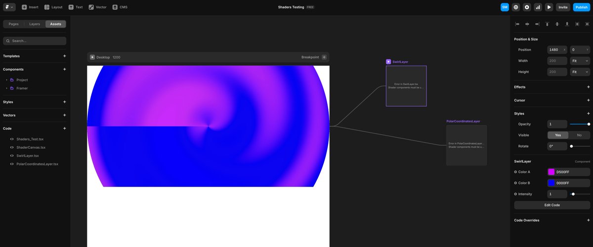 marchantweb's tweet image. An interesting weekend experiment 🧑‍🔬

Composable shaders inside @framer , using @npm_i_shaders and code components w/ slots. Anyone for `shaders/framer`? 👀