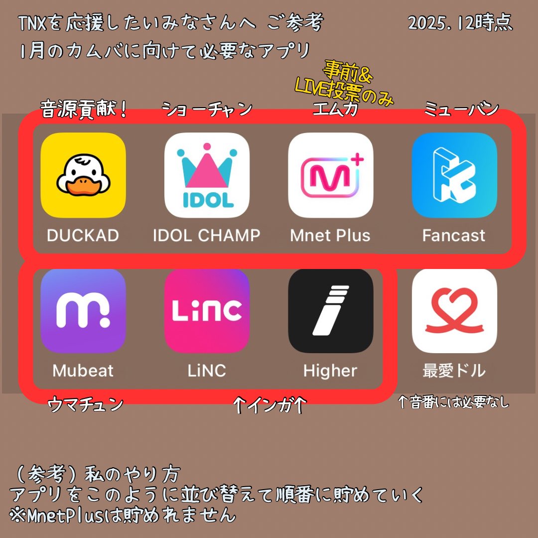 🗳️vote for TNX
1月のカムバに向けて投票アプリまとめたよーたぶん今これ
あくまで私のやり方だけどアプリをこうやって並べ替えて前から順番にやっていくとやりやすいかなーと！
ご参考まで🫶🏻
#TNX #TNX投票 #VoteForTNX #THX