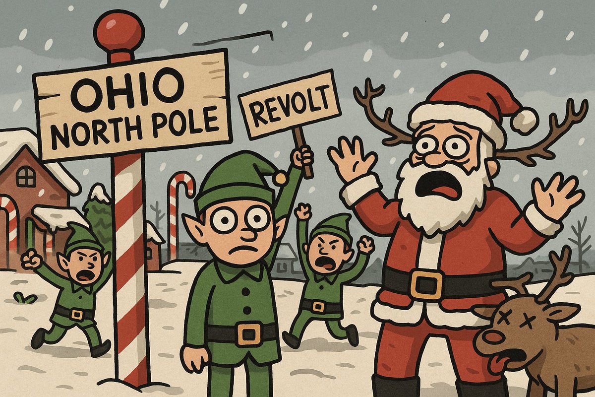 NorthPoleOhio's tweet photo. The North Pole got relocated to OHIO and Christmas has been glitching ever since. NPC elves revolted, Santa got lost, and the reindeer won’t respawn.
Welcome to $OHIONORTH 
#hashtags #OHIONORTH #MemeCoin #PumpFun #Solana #OhioMemes #NPC #Brainrot #Skibidi #ChristmasMeme #Crypto https://t.co/rrDyMKkGCL