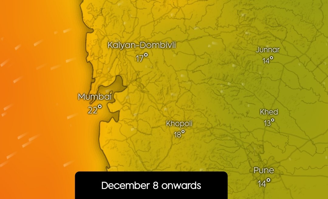 Finally, respite from heat.. 
Mumbai to witness a sharp 6-7 degree fall in the next week! ❄️📉 
(December 8, 2025)

Finally, Mumbaikars will witness cool days &amp; nights from tonight onwards, where Wednesday &amp; Thursday will be one of the coolest days this December. 

Cold Northerly