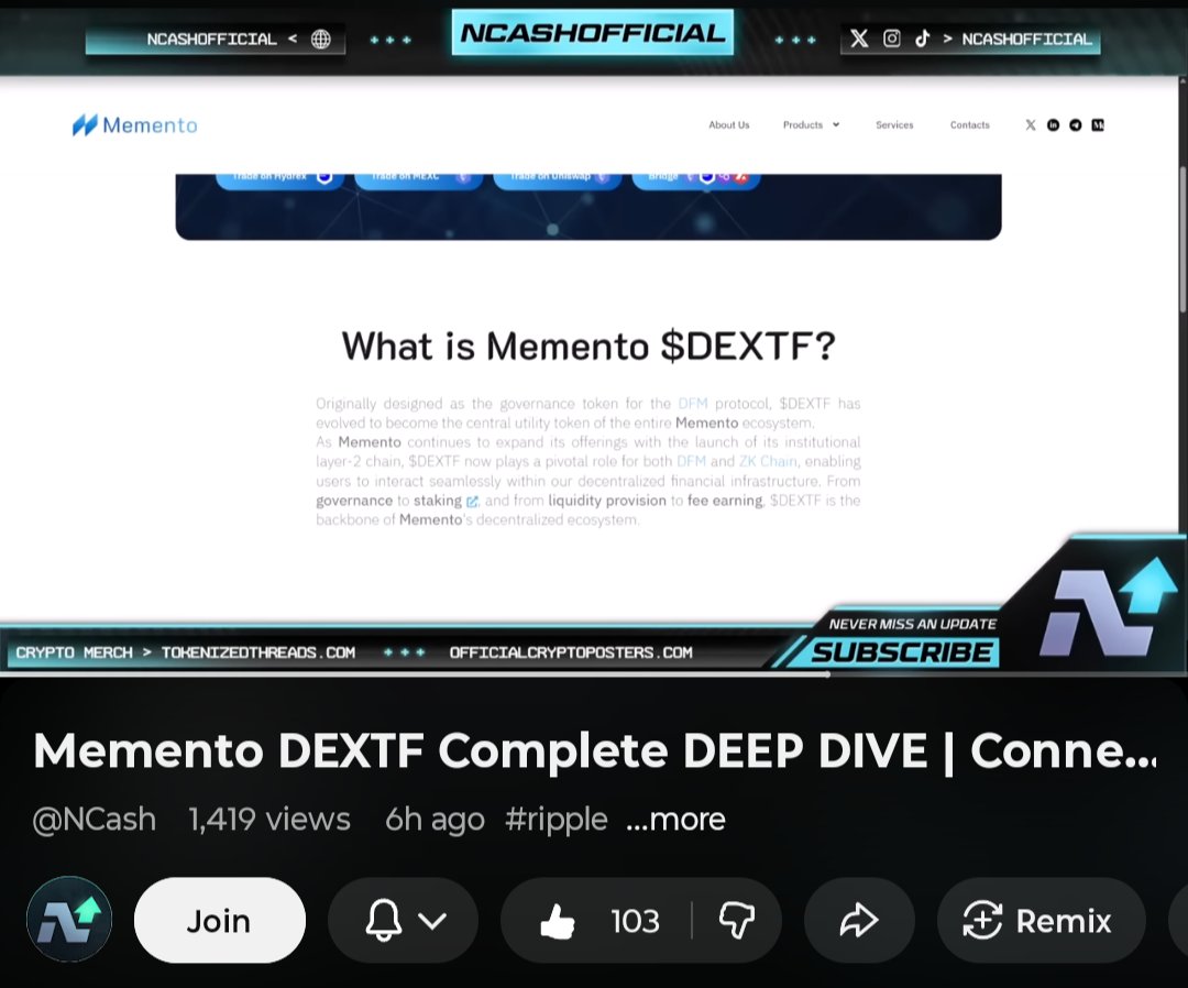 Just watched the full massive deep dive on $DEXTF by the 🐐 Nick AKA NCASH. 

Over 25 minutes of unpacking and breaking down why Memento is becoming a major institutional RWA powerhose.

The links to $AXL, and 70+ other chains are insane and it just goes to show how the depth is