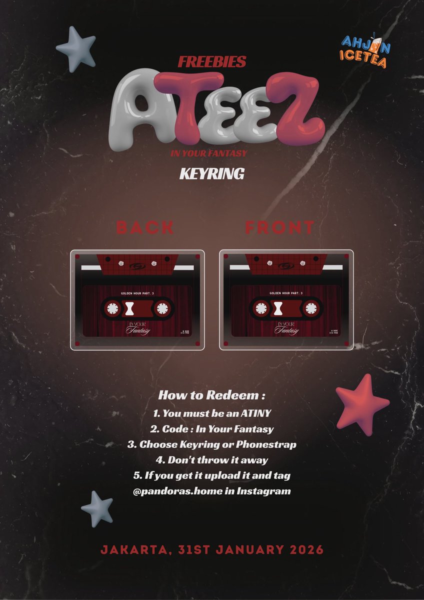 ATEEZ • In Your Fantasy JKT

Hi, temanku ada di jepang. Dan dia bikin freebies ini untuk Atiny yang datang ke jakarta nanti.

RT this tweet and say hi to me at the venue and i will give you~

Dan, jangan lupa untuk tag temanku di instagramnya, usn tercantum di foto ya atiny~
