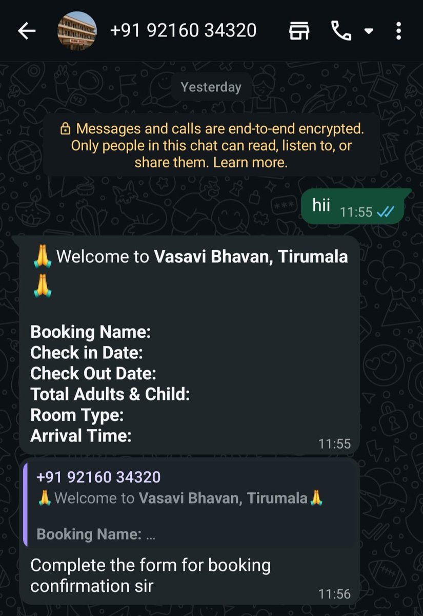MudunuruAs42483's tweet image. I am from Andhra Pradesh and currently working in Bengaluru. I was scammed while trying to book a  room in Tirumala through a fake website named “Vasavi Bhavan, Tirumala.”
They contacted me on WhatsApp and forced immediate QR payment. ₹3000 taken.
#TirumalaScam #CyberCrime