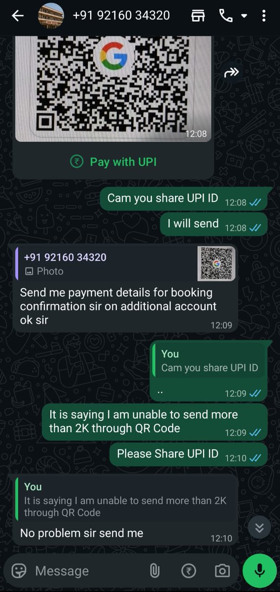MudunuruAs42483's tweet image. I am from Andhra Pradesh and currently working in Bengaluru. I was scammed while trying to book a  room in Tirumala through a fake website named “Vasavi Bhavan, Tirumala.”
They contacted me on WhatsApp and forced immediate QR payment. ₹3000 taken.
#TirumalaScam #CyberCrime