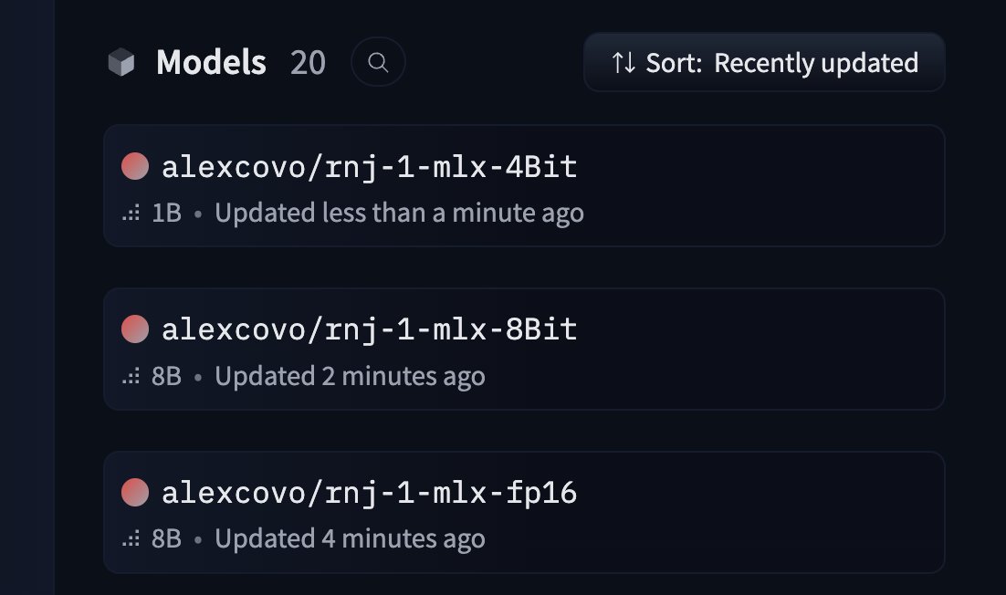 alexcovo_eth's tweet image. Just converted Rnj-1 to mlx versions 4Bit, 8Bit and fp16 in case anyone is interested in testing. Rnj-1 looks promising for an open model. It&apos;s only an 8B parameter base model so small and mighty to start with.

@huggingface really makes open source equitable and attainable to…