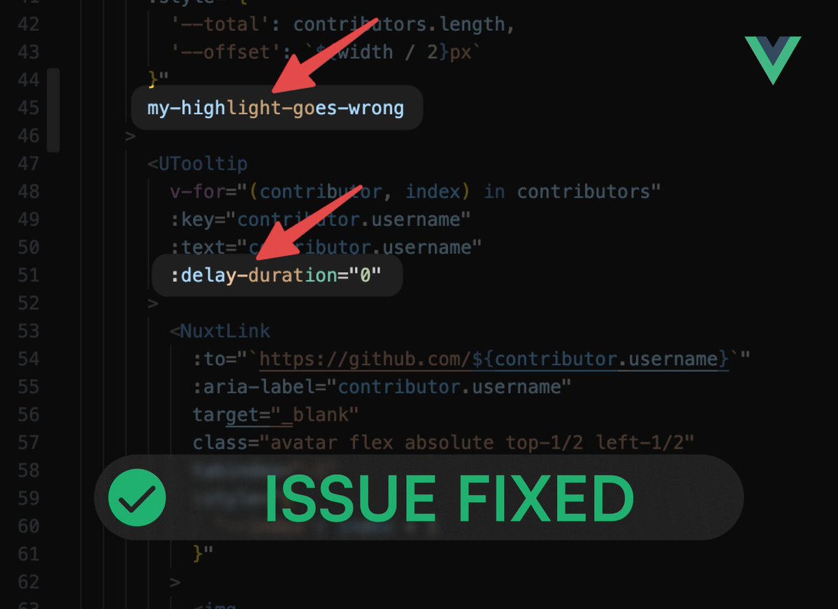 serkodev's tweet image. in the next version of the @vuejs language tools, we finally fixed a long-standing Vue file syntax highlighting bug that has been troubling users. 💚