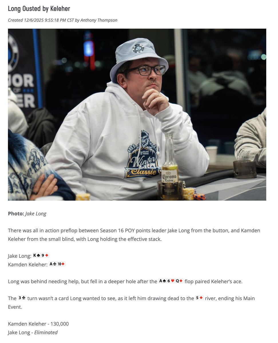 BREAKING <a href="/msptpoker/">MSPT</a> Season 16 POY update...

<a href="/longo52/">Jacob</a> has been eliminated from Day 1C of $1,110 MSPT <a href="/RunAcesPoker/">Running Aces Poker</a> Main Event and registration is closed.

He has 10,172 POY points while <a href="/Gr8Turk1977/">Umut U. Ozturk</a>, who is looking to win MSPT POY for the third year in a row, has 9,732 points.
