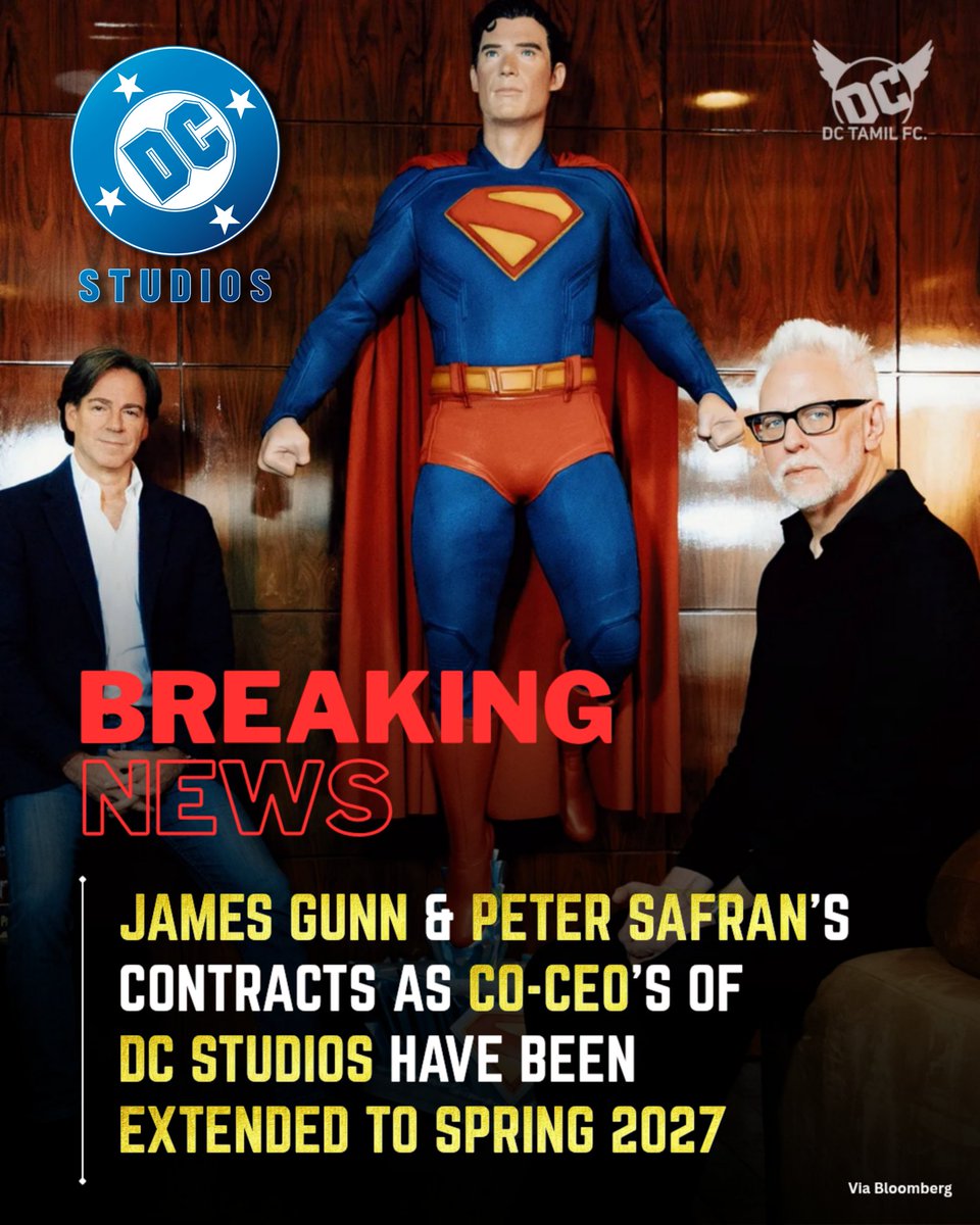 🚨🫱🏽‍🫲🏼 BREAKING: Contracts of James Gunn &amp; Peter Safran of being CEOs of DC Studios has been extended to Spring 2027. 

🚨 The contract was originally a 4-Year deal, would run through Nov 2026. 

#JamesGunn | #PeterSafran | #DCStudios