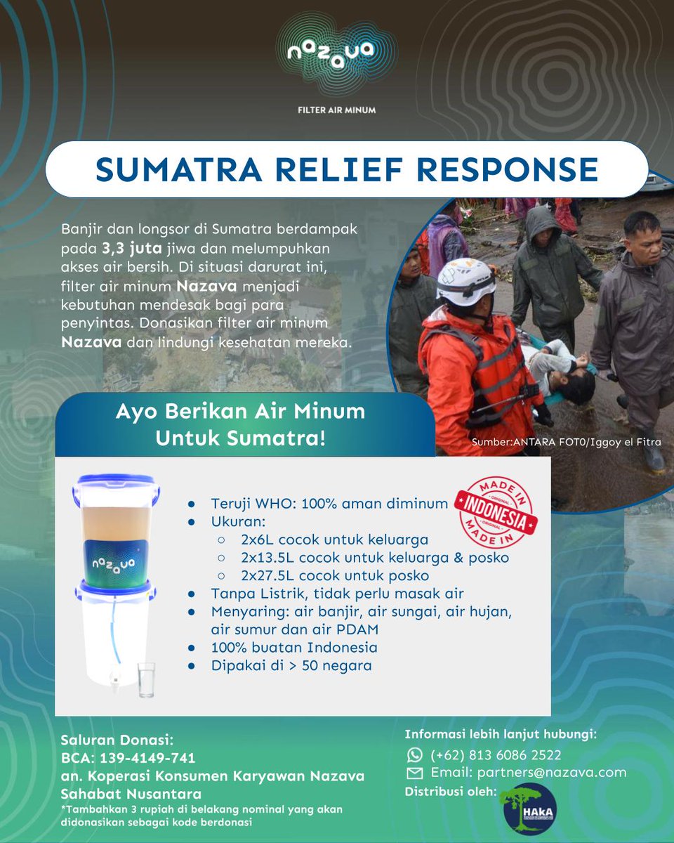 Salah satu bantuan yang sangat diperlukan bagi penyintas saat ini adalah pasokan air bersih.

Silakan buat teman-teman yang ingin berdonasi filter air minum bisa ke sini.