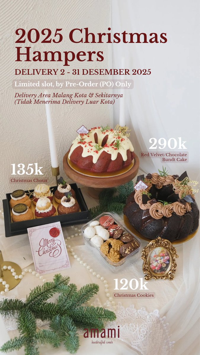 amamisweets_id's tweet photo. Open PO Hampers Natal 2025! 🎄🍫🍓
.
Ada red velvet/choco cake, christmas choux, dan assorted cookies ✨️
.
Order/more info > https://t.co/JSXdEJbrSW
.
📍Kalpataru 62 B (https://t.co/d2oFnwWmaq)
⏰Senin-Sabtu (10AM-5PM)
💰From 120k
.
#pasarmingguinfomalang @infomalang https://t.co/cpTx3tKNpc