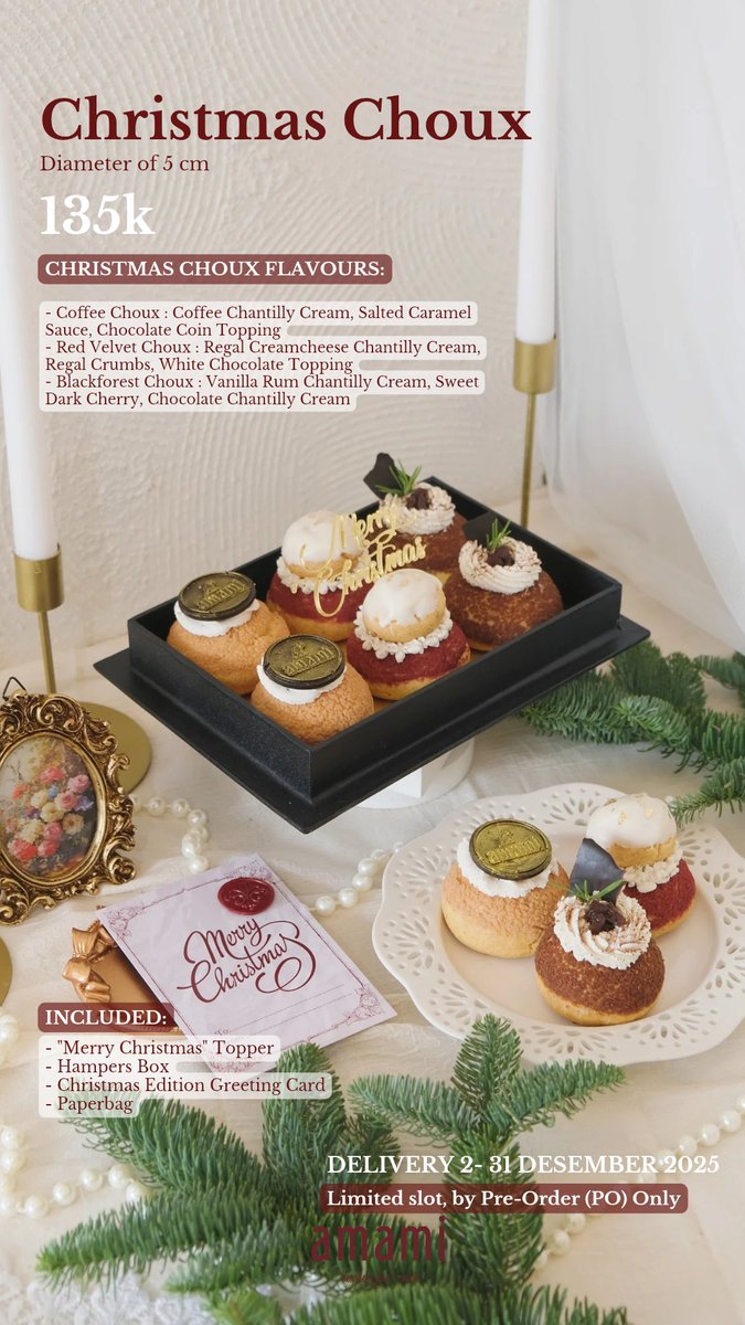 amamisweets_id's tweet photo. Open PO Hampers Natal 2025! 🎄🍫🍓
.
Ada red velvet/choco cake, christmas choux, dan assorted cookies ✨️
.
Order/more info > https://t.co/JSXdEJbrSW
.
📍Kalpataru 62 B (https://t.co/d2oFnwWmaq)
⏰Senin-Sabtu (10AM-5PM)
💰From 120k
.
#pasarmingguinfomalang @infomalang https://t.co/cpTx3tKNpc