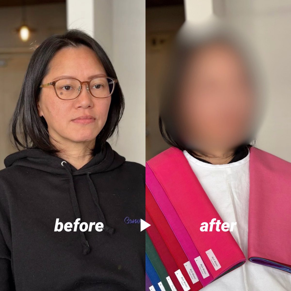 ryom_color's tweet photo. ＼お客様before &amp; after／
リールにてビフォアフとご感想紹介です。掲載許可ありがとうございます♡
 
◼︎ブルベ冬（リッチウィンター／ソフトサマー）
◼︎顔タイプエレガント
◼︎40代
 
診断中ずっと笑いっぱなしの楽しい時間でした🤭

▼リールはこちら🙌
 https://t.co/x334KnyvZE https://t.co/lw9rIWMvaV