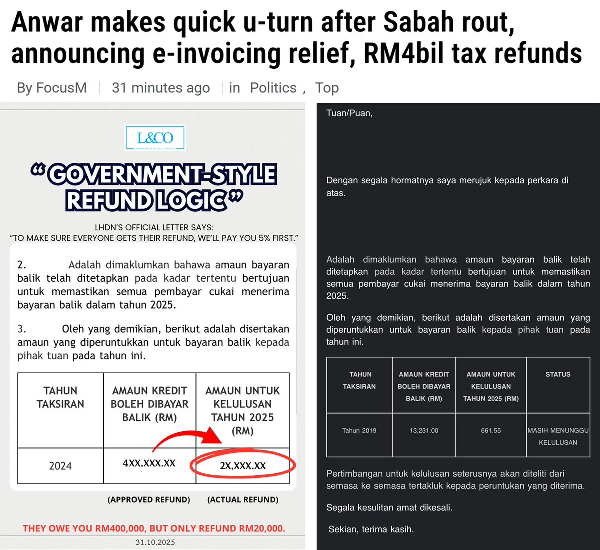 Here's another hidden trick the Madani government uses to distort the country’s financial picture.

The government uses a cash-based accounting system, not accrual. Every cash outflow counts as spending, including LHDN tax refunds. So if they simply don’t pay refunds, yearly