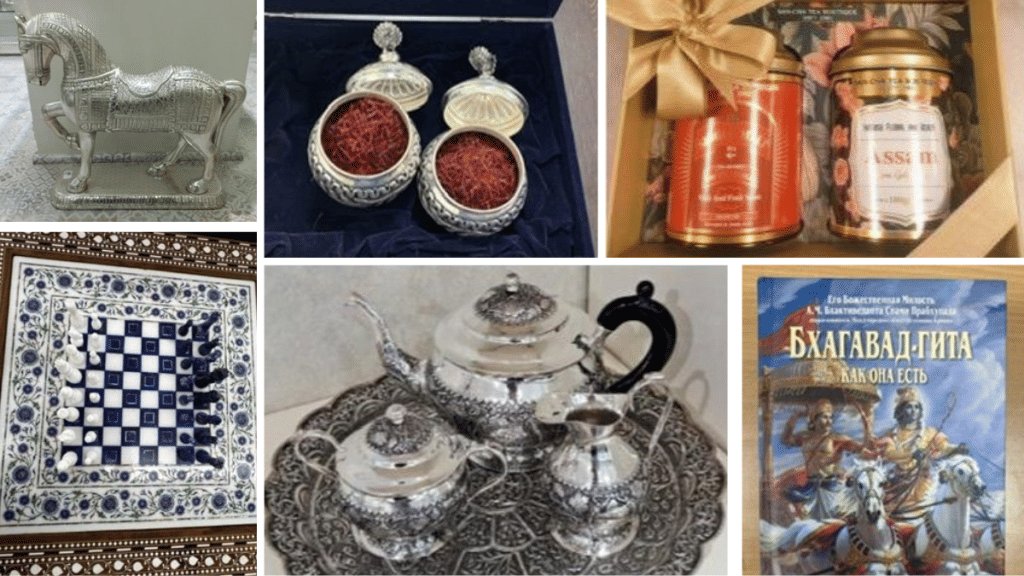AMIgo9012's tweet photo. PM Modi's gifts to Putin: 
Assam tea;handcrafted silver horse from Maharashtra;Kashmiri saffron, locally known as Kong or zafran;an ornate silver tea set from West Bengal's Murshidabad ;the Srimad Bhagavad Gita; a handcrafted marble chess set from Agra in Uttar Pradesh. https://t.co/PxjZrO2QiX