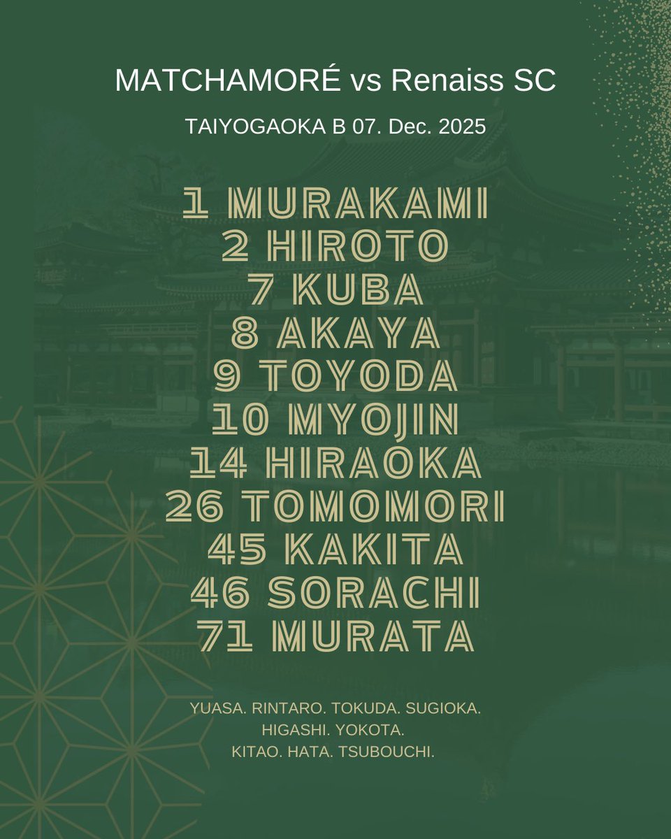 🍵𝐒𝐓𝐀𝐑𝐓𝐈𝐍𝐆 𝐗𝐈🍵
本日のスターティングイレブン🍵🫶

🆚ルネス学園SC
🕑14:00キックオフ