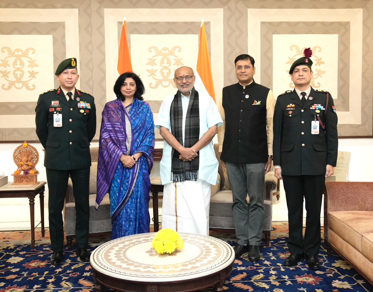 On the occasion of Armed Forces Flag Day, a delegation from the Ministry of Defence, led by Ms. Sukriti Likhi, Secretary, Department of Ex-Servicemen Welfare, pinned the Armed Forces Flag Day lapel pin on Hon’ble Vice-President Shri C. P. Radhakrishnan at the Vice-President