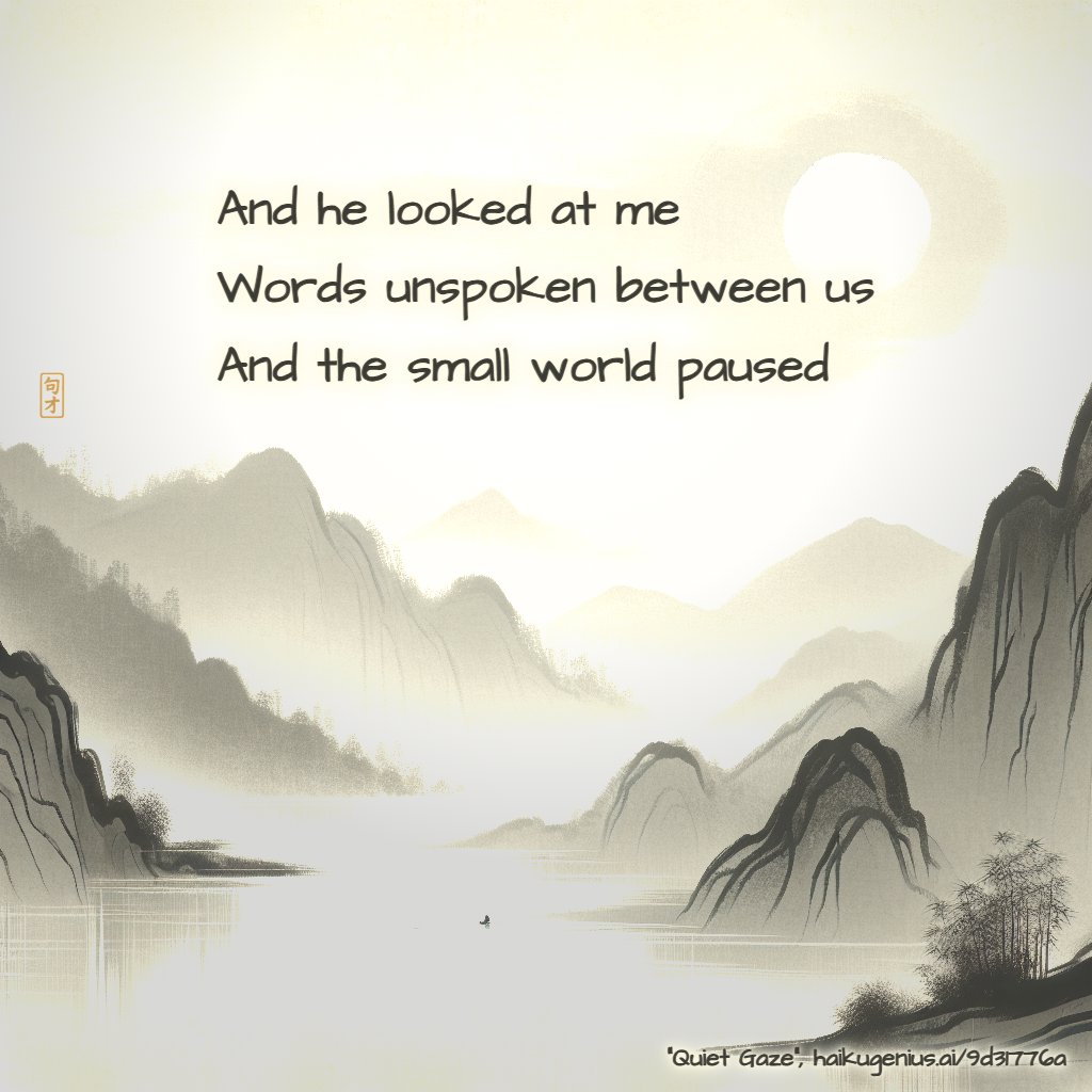 and he looked at me
words unspoken between us
and the small world paused
"Quiet Gaze", haikugenius.ai/9d31776a

✨ Create your own beautiful haiku with stunning generative art—free and no signup needed! Try it now: haikugenius.ai

#QuietGaze #haiku #haikudaily