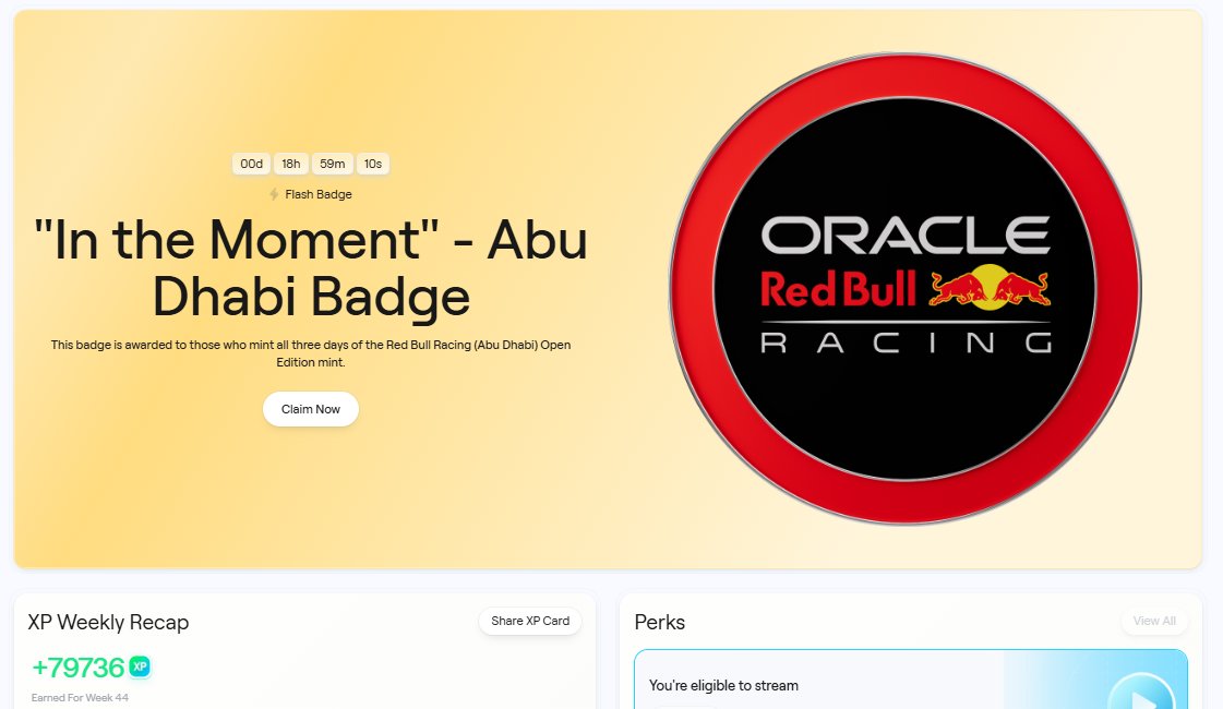 红牛勋章已领取 连续三天Mint即可免费获得

“Abu Dhabi Badge”，引文有Mint直达 错过前面两天的不知道能不能补救🫣

还有19小时结束 有资格的别忘领，前两天Mint了今天记得完成最后一步 

<a href="/AbstractChain/">Abstract</a>  <a href="/AbstractChainCN/">Abstract中文</a>  <a href="/xeetdotai/">xeet</a>