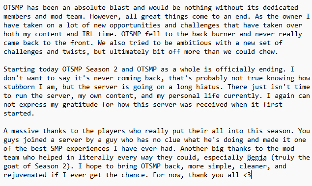 OTSMP is shutting down for now. Thank you ALL for your interest in this silly project, it truly meant the world! ❤️