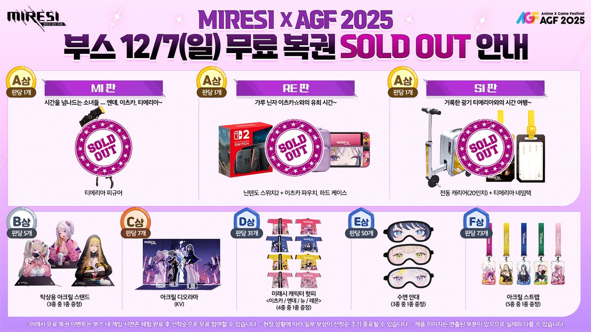 🎁#AGF_KOREA_2025 #미래시 무료 복권 12/7(일)
A상 전동 캐리어+티에리아 네임택 품절 안내🎉

#AGF2025 X 미래시 무료 복권 이벤트!
A상 전동 캐리어+티에리아 네임택 품절 소식 전해드려요...😅

의원님 미래시 부스로 서둘러 주세요...! 🏃‍♂️💨
아직도 무료 복권 굿즈 한가득 의원님을 기다리고