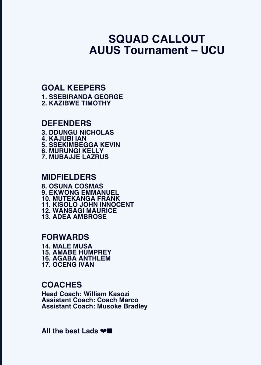 Here’s our callout squad for the incoming 20th AUUS games scheduled from 18th -23rd December in UCU Mukono.
             All the best Lads❤️

#UniversitySportsUganda
#AUUSGamesAtUCU 
#AUUSGames 
#AUUSGames25