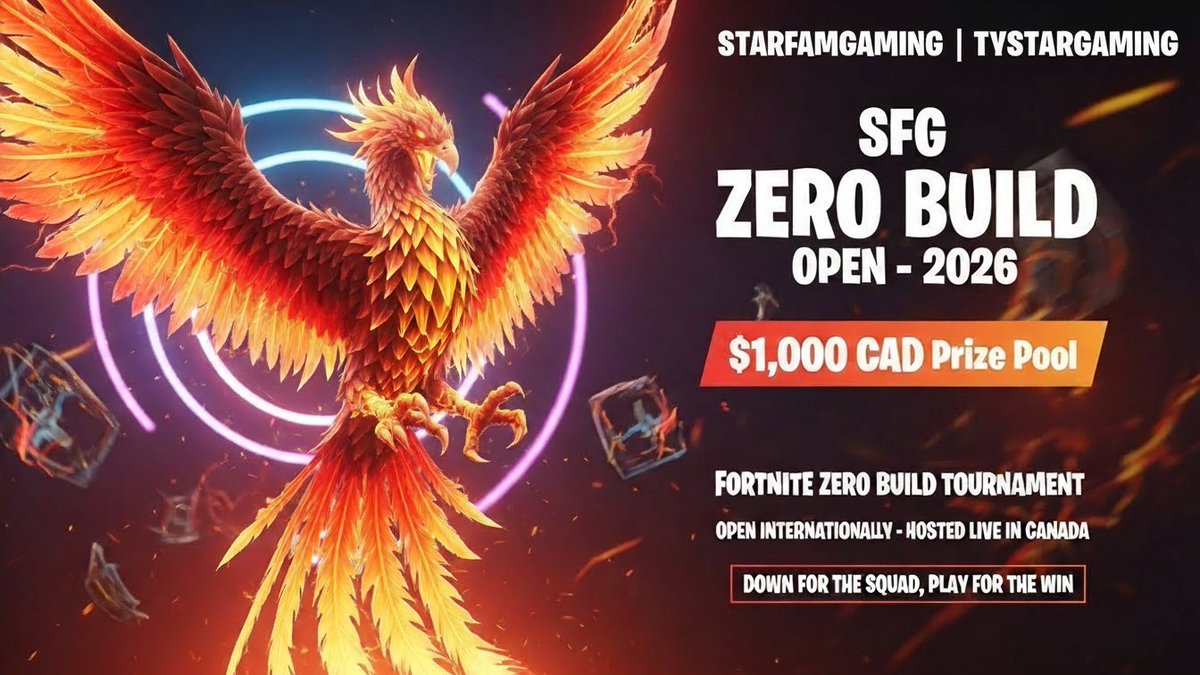 TystarGaming's tweet photo. The SFG ZERO BUILD OPEN is coming in 2026!

$1,000 CAD Prize Pool • Open Worldwide • Live in Canada 🇨🇦

Fortnite Zero Build. 10 Matches. Big Stage. Big Energy.

Registration opens early 2026 — stay ready.

TystarGaming x StarFam Gaming

"Down for the Squad, Play for the Win." https://t.co/FNOgjzf8uP