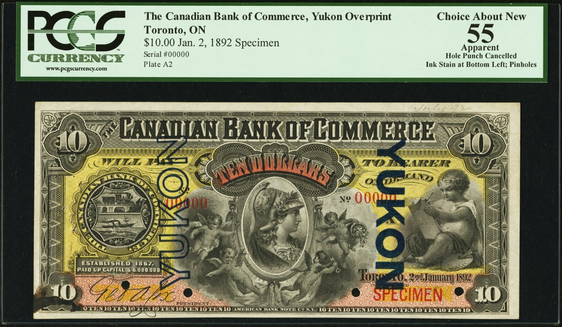SPMC_1961's tweet photo. Society of Paper Money Collectors Presents the Note of the Day!
$10 2.1.1892 The Canadian Bank of Commerce, Yukon Overprint
Toronto, Ontario
Specimen
Ch.# 74-14-18aS
Photos Courtesy of Heritage Auctions
#Noteoftheday #Societyofpapermoney #papermoney #History #December #World https://t.co/96INfyuAl2