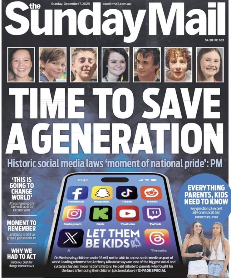 TimjboAU's tweet photo. Stupid Headline. There is no evidence that this ban will prevent under-16s from using the internet.
The government forcing kids onto the dark web may have huge legal ramifications down the track. Is the Sunday Mail sucking up to Albo and Anika Wells for advertising revenue? https://t.co/YyHFuICLbB