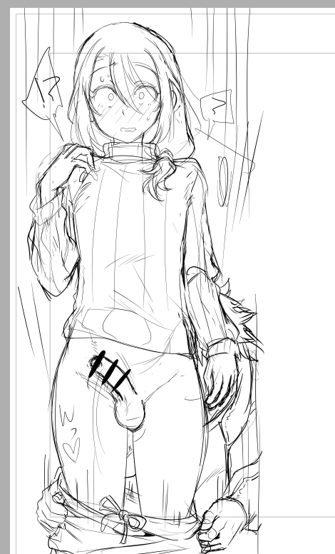 僕はこういう不意打ちで下をズリ下ろされ下半身丸出しなって混乱する子の正面からの絵が
大･･････っ好物なんだと、気付いた。
何度か描いてるけど。今更気付いた。
判断が遅い。