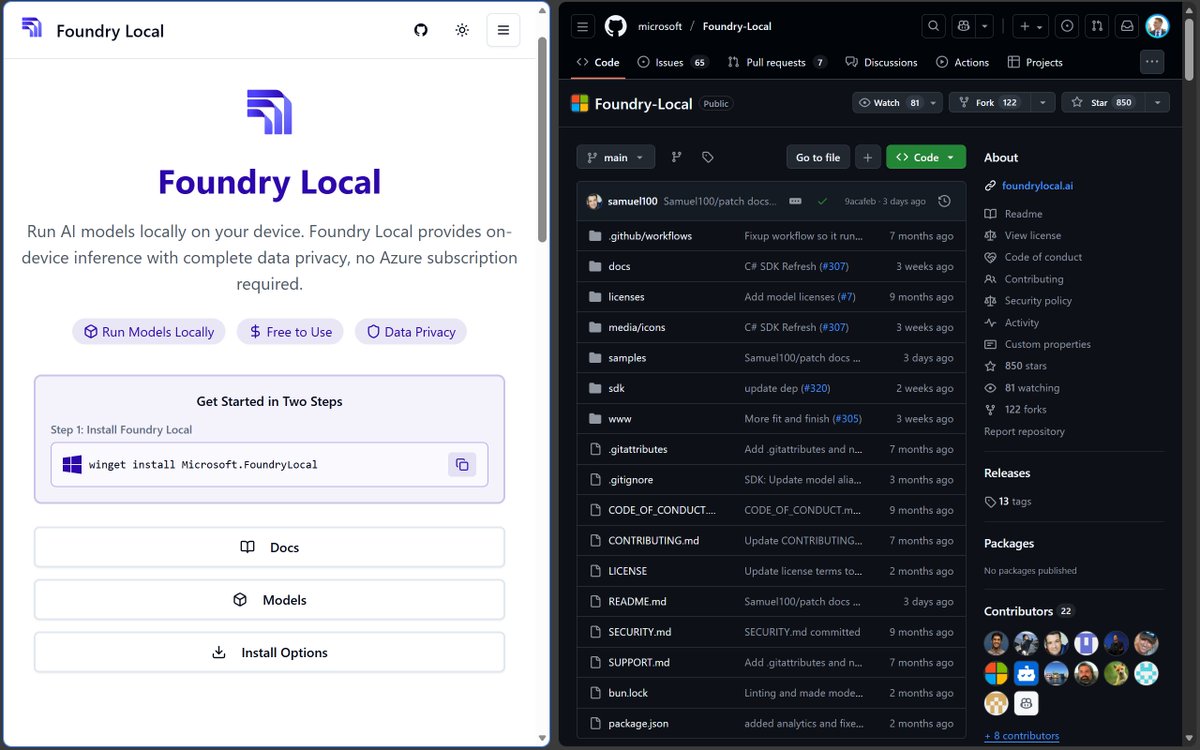 kosuke_agos's tweet image. Microsoftが、リリースした無料AIツール「FoundryLocal」が有能すぎる。

クラウドへの依存が一切なく、登録や認証も不要で、AIモデルをローカル環境で手軽に実行できるオープンソースツールです。

プライバシーを100%保護しながら、OpenAI互換APIでアプリにシームレスに統合できます。…