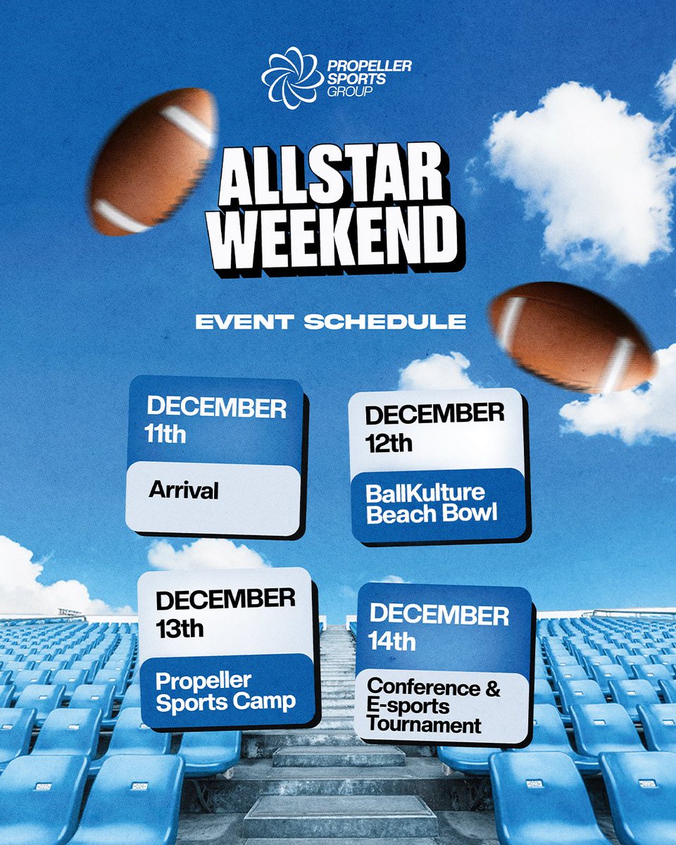 Get ready for All-Star Weekend! ⭐️
Swipe through our event schedule and mark your calendars for 3 days of sports, fun, and competition. Let’s make this weekend unforgettable! 🏈🔥 #AllStarWeekend #PropellerSportsGroup