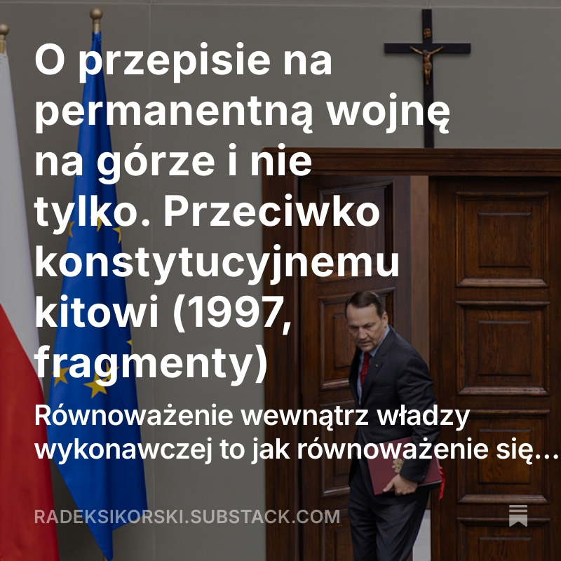 sikorskiradek's tweet image. Równoważenie wewnątrz władzy wykonawczej to jak równoważenie się kierowców w samochodzie o dwóch kierownicach. Wszystko jest w porządku, dopóki obaj chcą jechać w tym samym kierunku. Pisałem o tym już w 1997 r. 

Zapraszam do lektury!