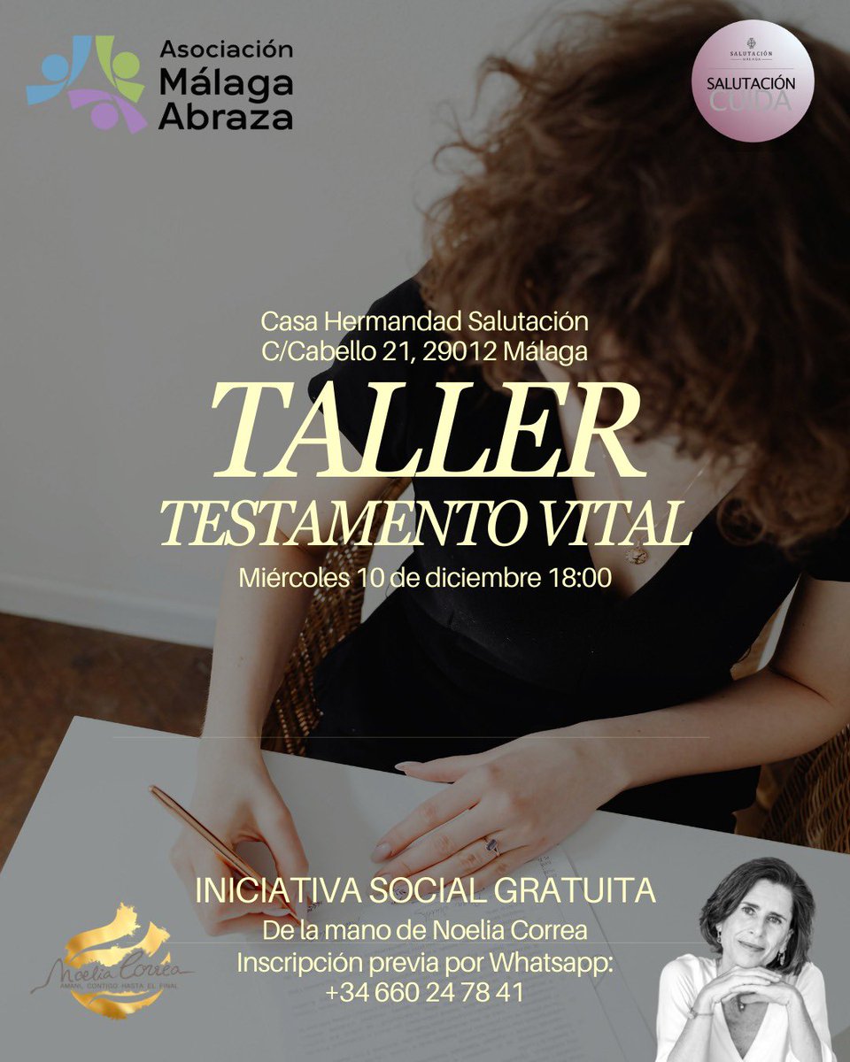📢 No te pierdas el 𝐭𝐚𝐥𝐥𝐞𝐫 de “Testamento Vital”, una iniciativa organizada por "𝑴𝒂́𝒍𝒂𝒈𝒂 𝑨𝒃𝒓𝒂𝒛𝒂".

🗓 Miércoles 10 de diciembre🕕 18:00 h
📍 C/ Cabello, 21 – Casa Hermandad de la Salutación

Un espacio para reflexionar sobre los deseos y decisiones del final de