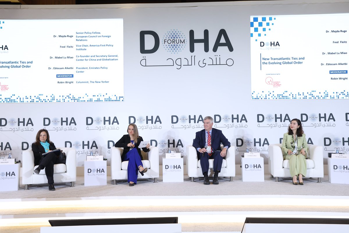 DohaForum's tweet photo. New Transatlantic Ties and the Evolving Global Order brings together leading analysts to examine how shifts under the current U.S. administration are reshaping Europe’s strategic posture on security, trade, and global engagement — and what this means for the balance of power worldwide. #DohaForum25