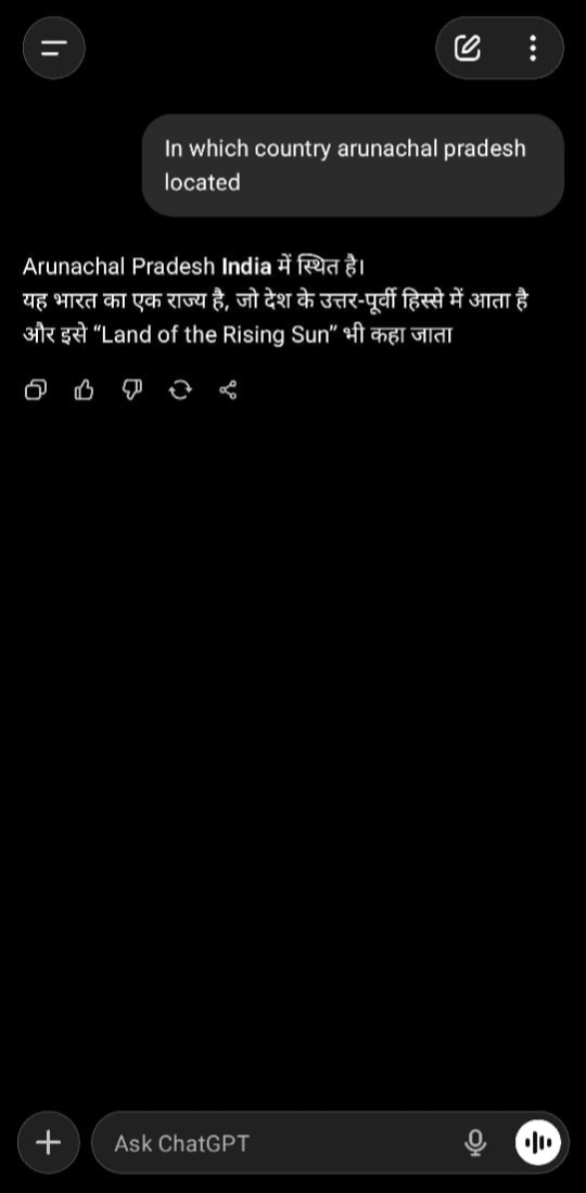 aryan7_k's tweet photo. @narendramodi This is @deepseek_ai @ChatGPTapp @GeminiApp result about Arunachal Pradesh situated country. सोचने वाली बात है कि कैसे चीन के एप्लिकेशन भी अरुणाचल प्रदेश को लेकर भ्रम पैदा कर रहा है । @PMOIndia और @AshwiniVaishnaw कर क्या रहे है??
मीडिया और विपक्ष भी चुप है https://t.co/r8pzi2c5qi