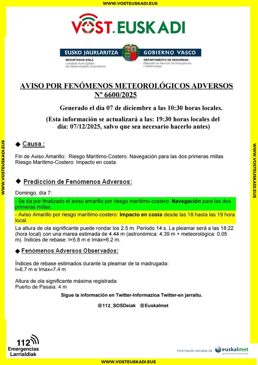 Domingo 7,   🟢 en la navegación, 
Se mantiene aviso 🟡 por riesgo maritimo: impacto en costa 

Igandea 7, 🟢 nabigazioan,  abisu 🟡 mantentzen da itsasaldeko arrieskuagatik: 
kostaldeko inpaktua.