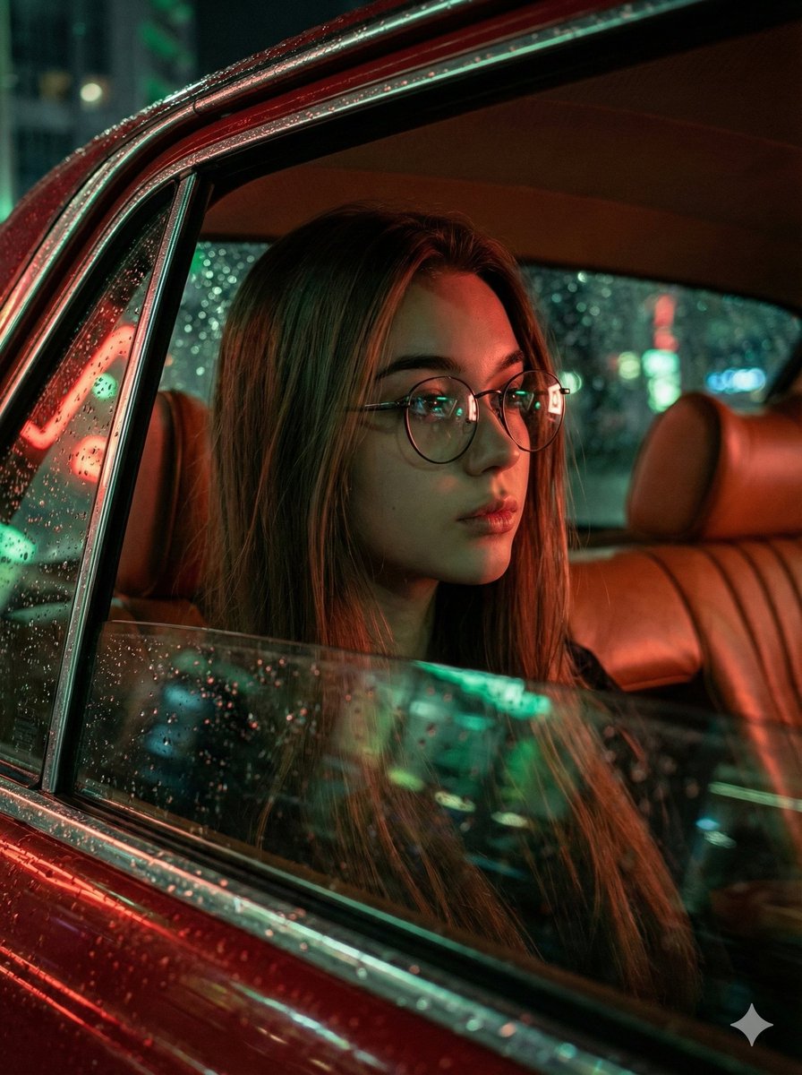 Lovart prompt result: Captured a Moody Neon Portrait in a Vintage Car at Night