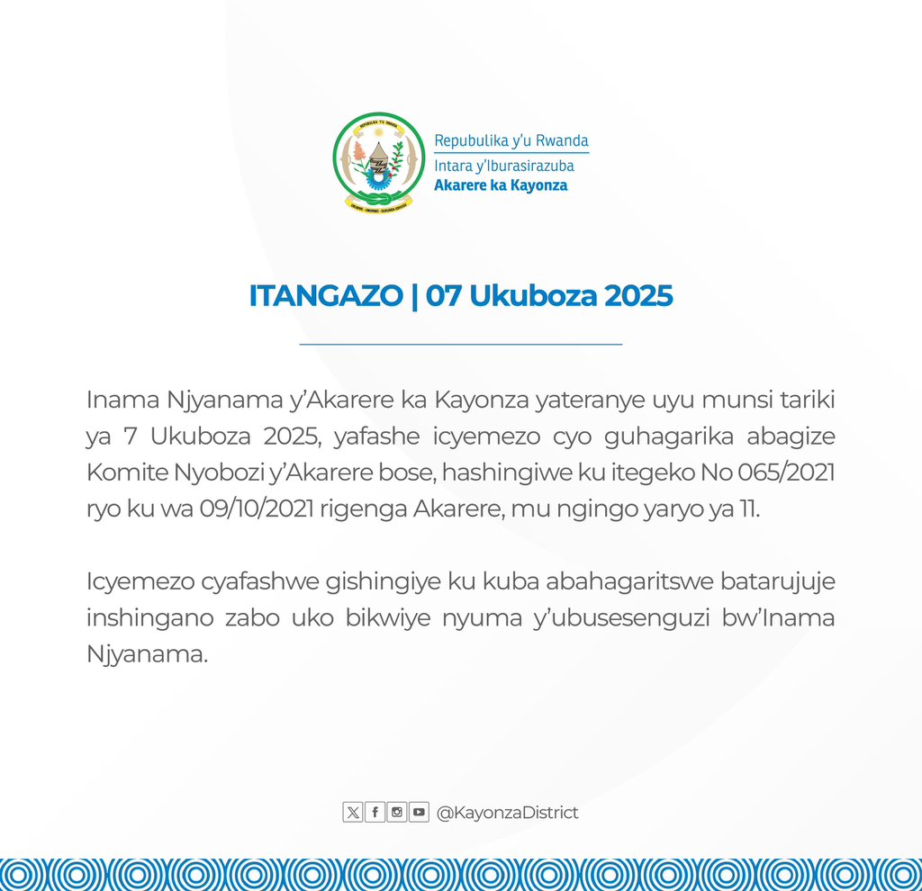 kobler250's tweet image. Inama Idasanzwe y'Inama Njyanama ya @KayonzaDistrict yafashe umwanzuro wo guhagarika abagize Komite Nyobozi ku nshingano zo kuyobora Akarere no kuba mu bagize Njyanama y'Akarere.

biravugwa ko Ikibazo cy'inzara muri #Ndego kiri mu byo bazize.

@RwandaEast @RwandaLocalGov