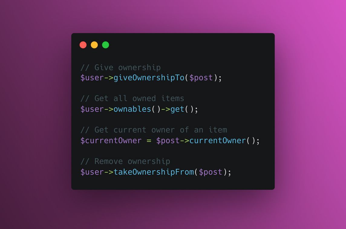 MadeWithLaravel's tweet image. Laravel Ownable is a package to handle ownership relationships between Eloquent models ↔️ - madewithlaravel.com/laravel-ownable