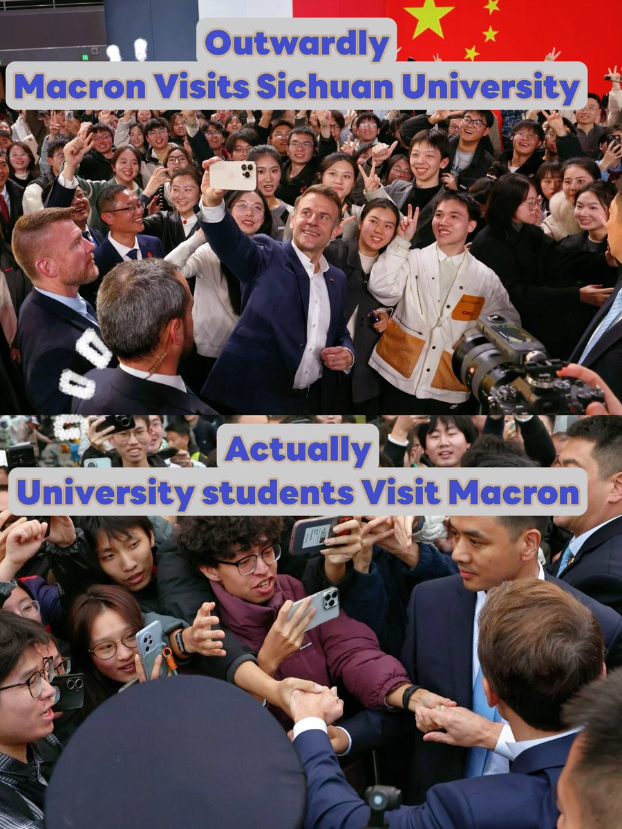 leaf_housheng's tweet photo. 表面上：马克龙参观四川大学
实际上：大学生参观马克龙🤣
#Macron #ChinaTravel #SichuanUniversity #France https://t.co/P8r02MqY7X
