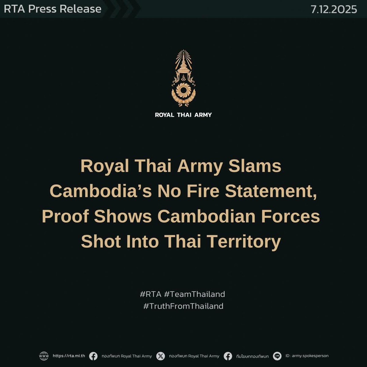 armypr_news's tweet image. ทบ. โต้คำแถลงกัมพูชาอ้างไม่ได้ยิงเข้ามา ชี้หลักฐานชัดเจนฝ่ายกัมพูชาเปิดฉากยิง จนกำลังพลได้รับบาดเจ็บ 2 นาย ขณะปฏิบัติหน้าที่ในเขตไทย

จากกรณีที่วันนี้ (7 ธ.ค. 68) พลโทหญิง มาลี โสเจียตา โฆษกกระทรวงกลาโหมกัมพูชา แถลงว่า เมื่อเวลา 14.15 น. กองกำลังทหารไทยเป็นฝ่าย เปิดฉากยิงก่อน…