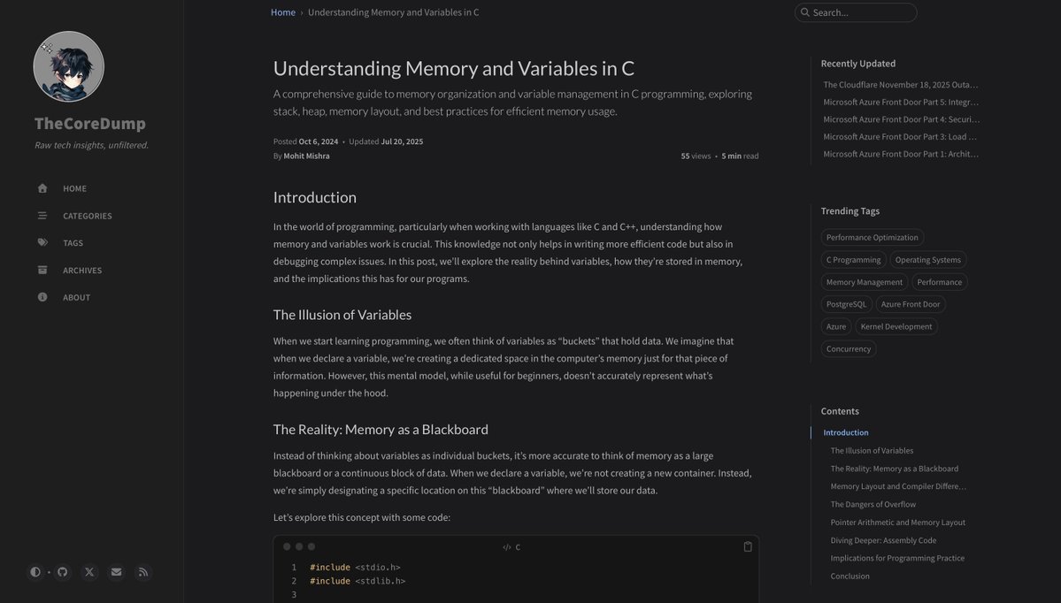chessMan786's tweet image. Understanding Memory and Variables in C
A comprehensive guide to memory organization and variable management in C programming, exploring stack, heap, memory layout, and best practices for efficient memory usage.